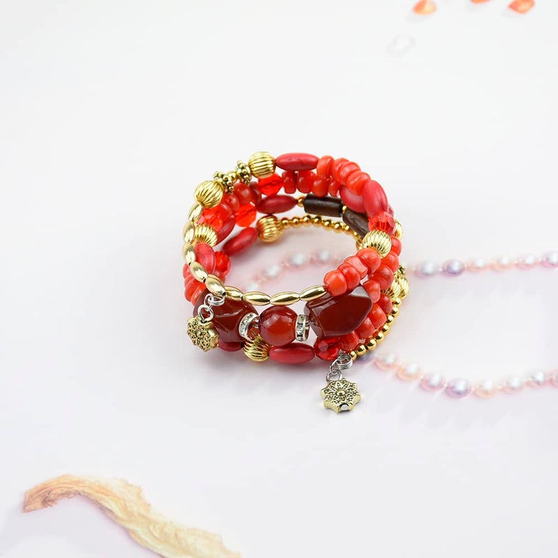 QIAN0813 Adjustable Copper Bracelet with Multilayer Design, Stylish Boho Jewelry for Women, Perfect Chunky and Beaded Bangle Bracelets for Women (Red) - Image 5